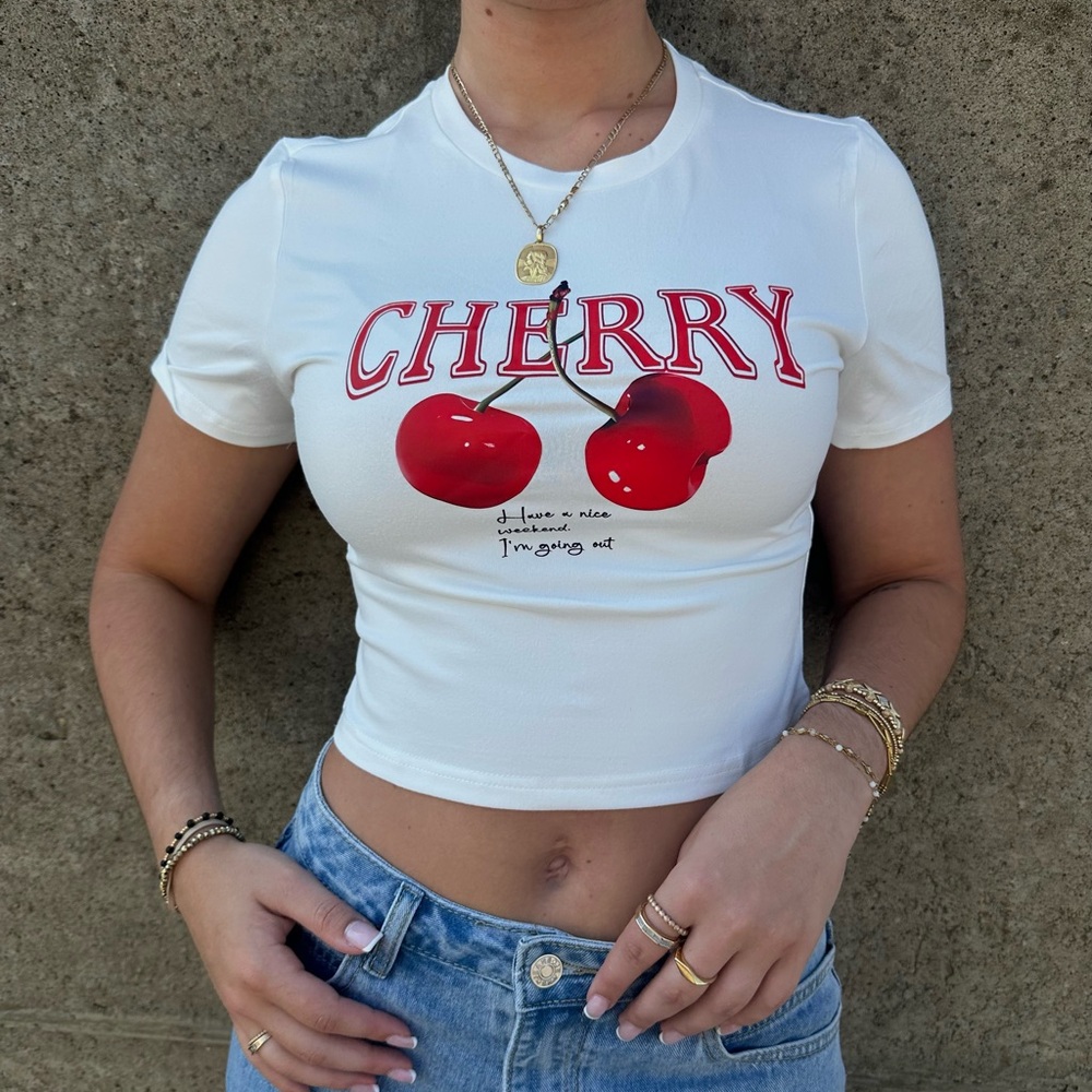 Cherry Graphic White Crop Top